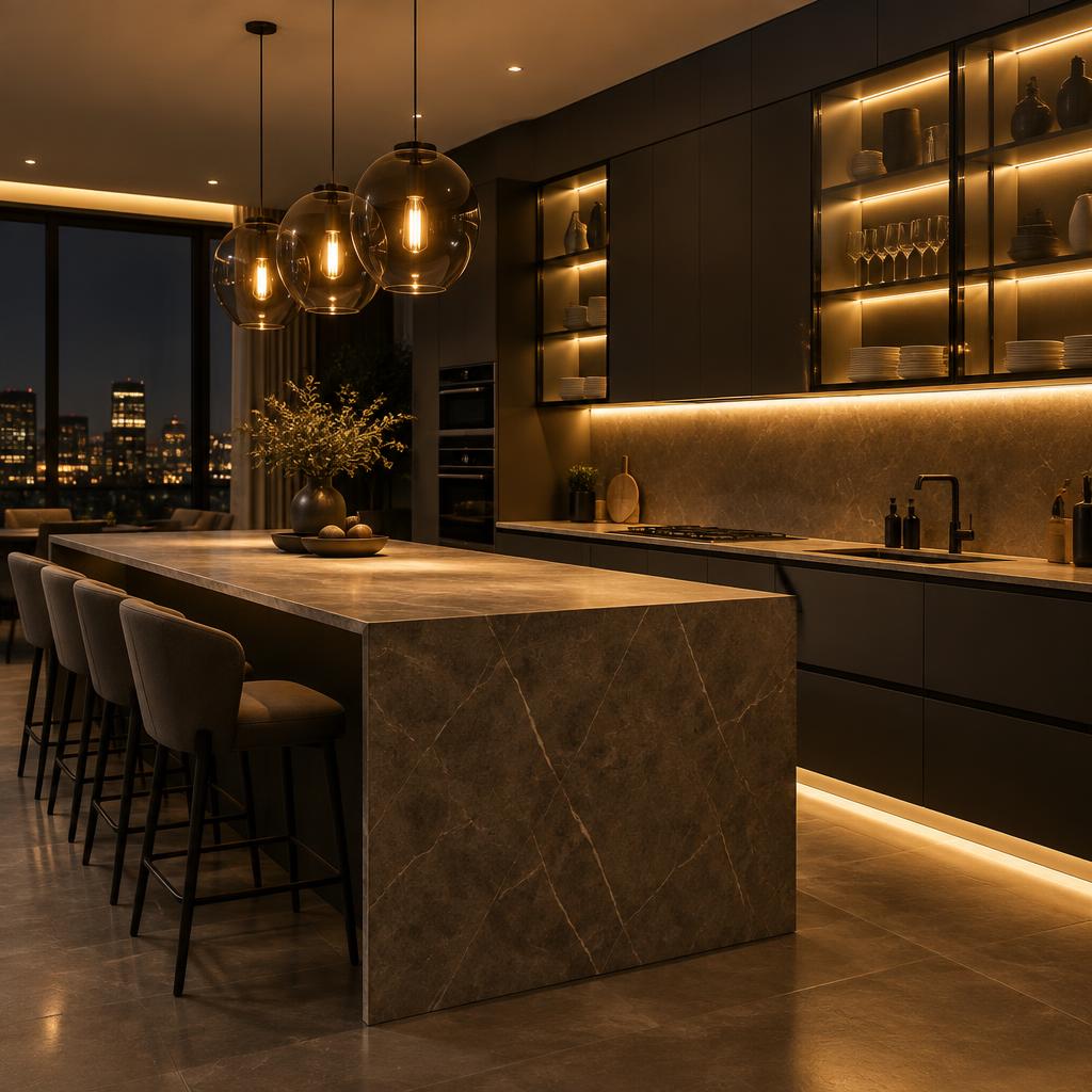 Cuisine moderne avec éclairage sous les armoires et luminaires suspendus