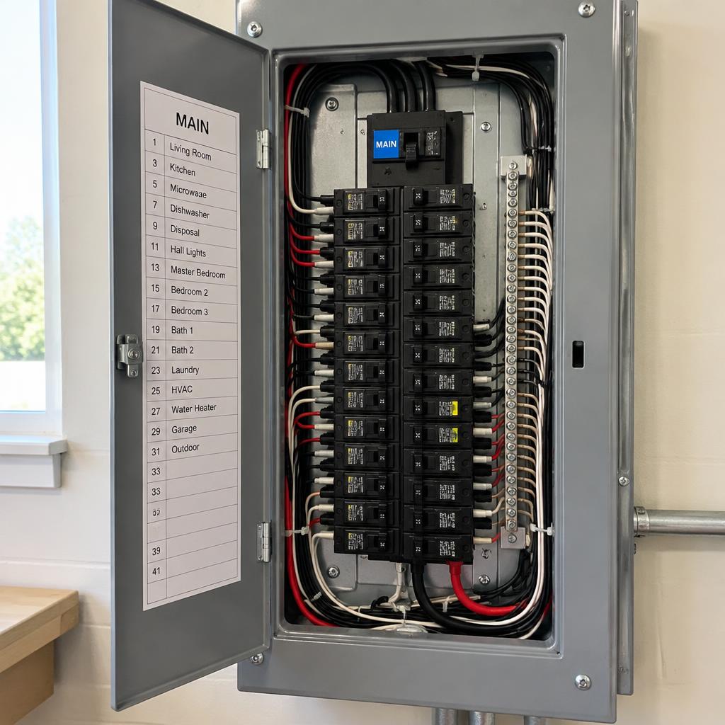 Panneau électrique résidentiel avec disjoncteurs bien identifiés